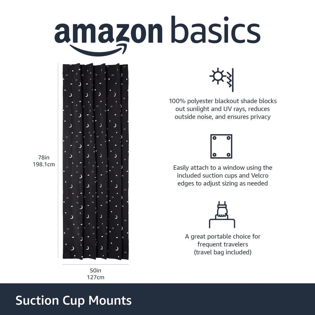 Amazon Basics Portable Room Darkening Blackout Curtain Shade with Suction Cups, Noise Reduction, 50"W x 78"L, Moon and Stars, 1-Pack