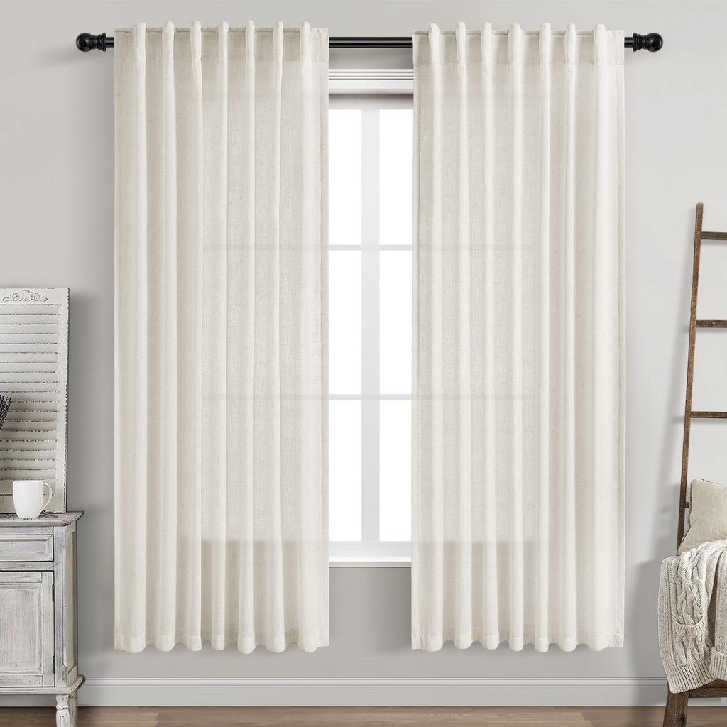 Nanspring Cream White Linen Curtains 72 Inch Length 2 Panels Set for Living Room Back Tab Pinch Pleated Window Curtain Drapes Neutral Rustic Farmhouse Decor Ivory Dining Room Curtain 72 inches Long