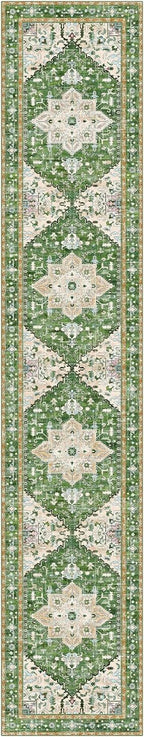 Yamaziot Washable Runner Rug, 2x10 Non-Slip Boho Vintage Hallway Rug Runner with Rubber Backing, Stain Resistant & Low Pile Faux Wool Distressed Carpet Runner for Kitchen, Laundry, Entrance, Green