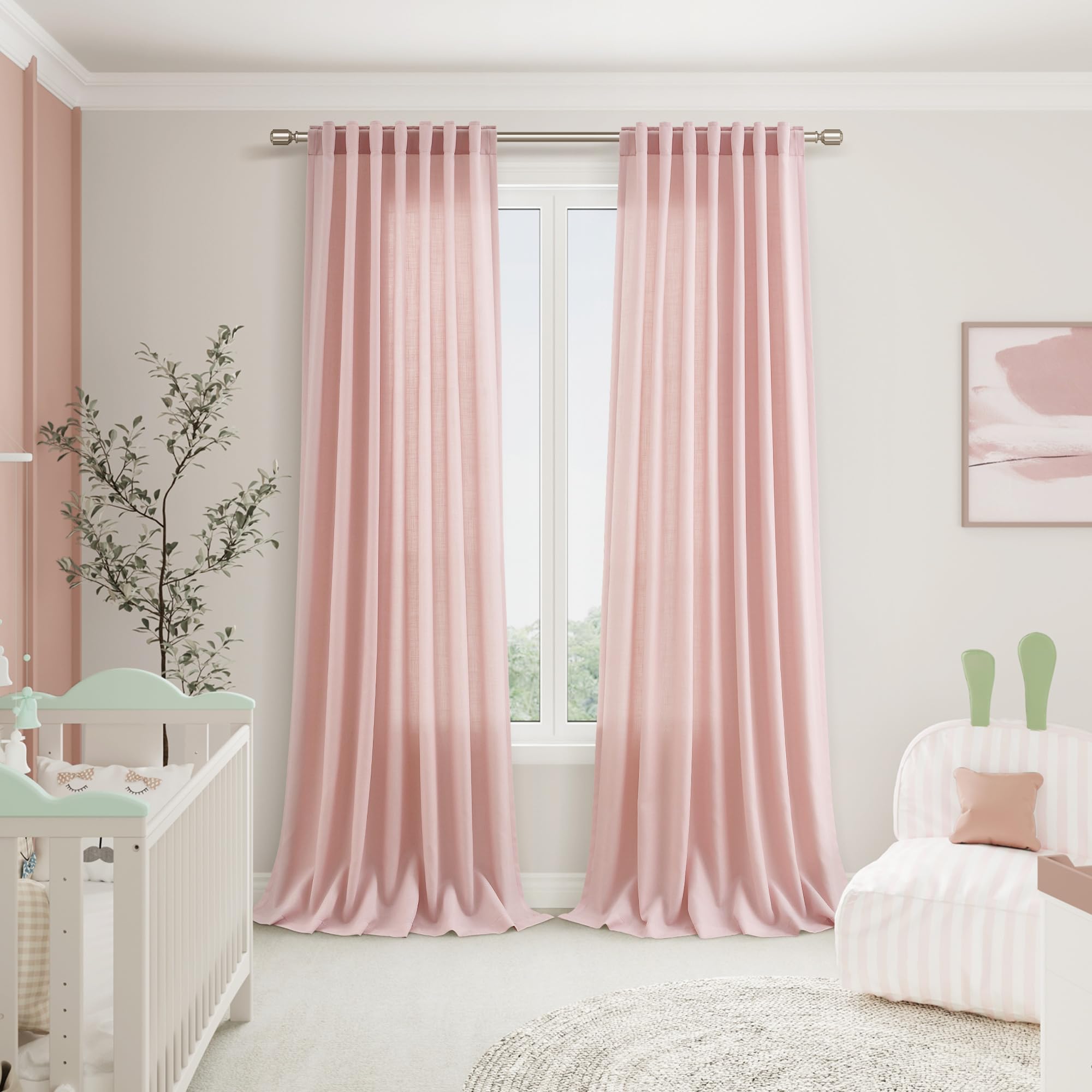 Nanspring Pink Linen Curtains 102 Inches Long Rod Pocket Back Tab Drapes 2 Panels Set for Kids Light Filtering Semi Sheer Pink Curtain 102 Length for Patio Door Bedroom 52x102