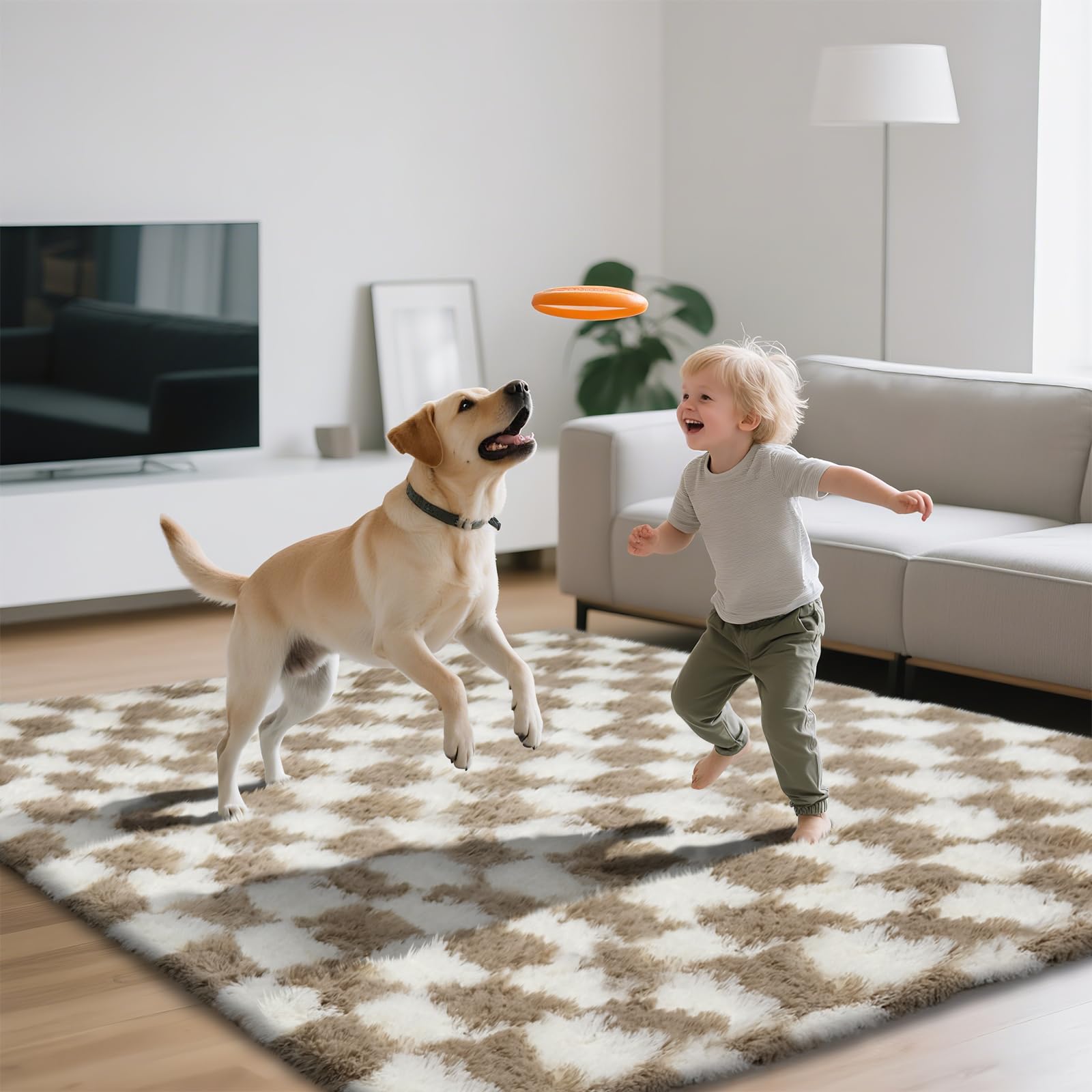 Checkered Area Rugs for Living Room 8x10, Fluffy Beige and White Checkered Rug Fuzzy Shag Shaggy Carpets for Bedroom, Soft Plush Furry Rug for Teen Room Dorm Home Decor