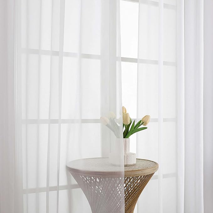 Chyhomenyc White Sheer Valances for Windows - Light Filtering Small Kitchen Curtains, Rod Pocket Short Top Window Treatment Decor for Living Room Bathroom Basement, 42Wx16L inches, 2 Panels