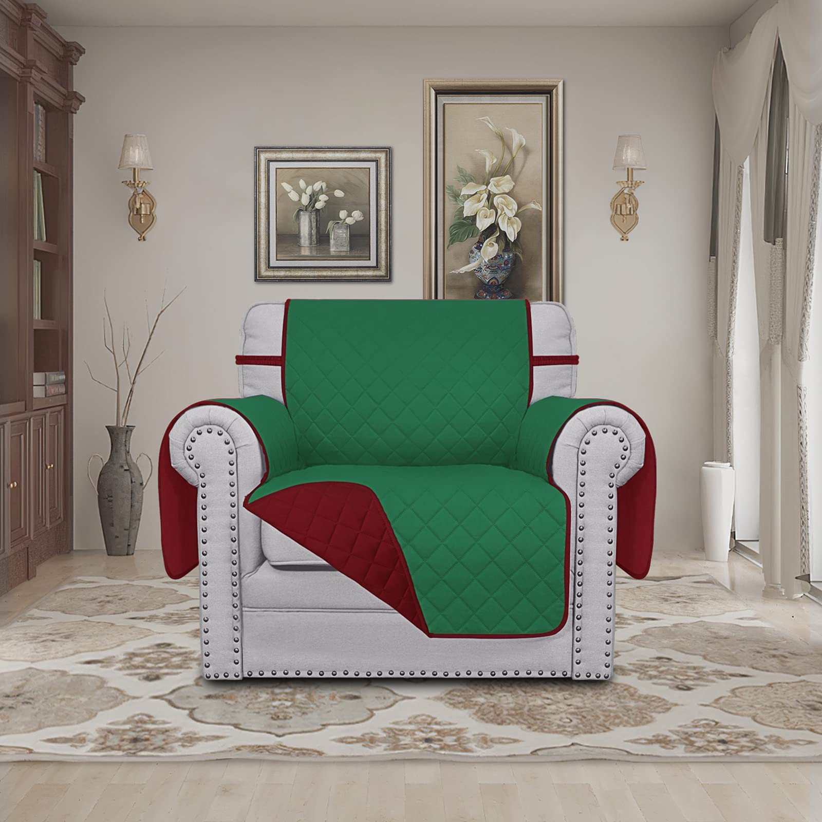 Easy-Going Chair Sofa Slipcover Reversible Sofa Cover Water Resistant Couch Cover Furniture Protector Cover with Elastic Straps for Pets Kids Children Dog Cat (Chair, Green/Christmas Red)