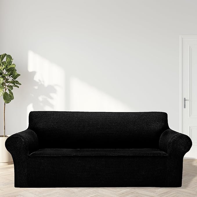 Cupuamon 2026 New Stretch Oversized Sofa Slipcovers Couch Sofa Cover for 4 Seater Furniture Protector Covers with Elastic Bottom Jacquard Fabric Small Checks for Pets, Kids - Black
