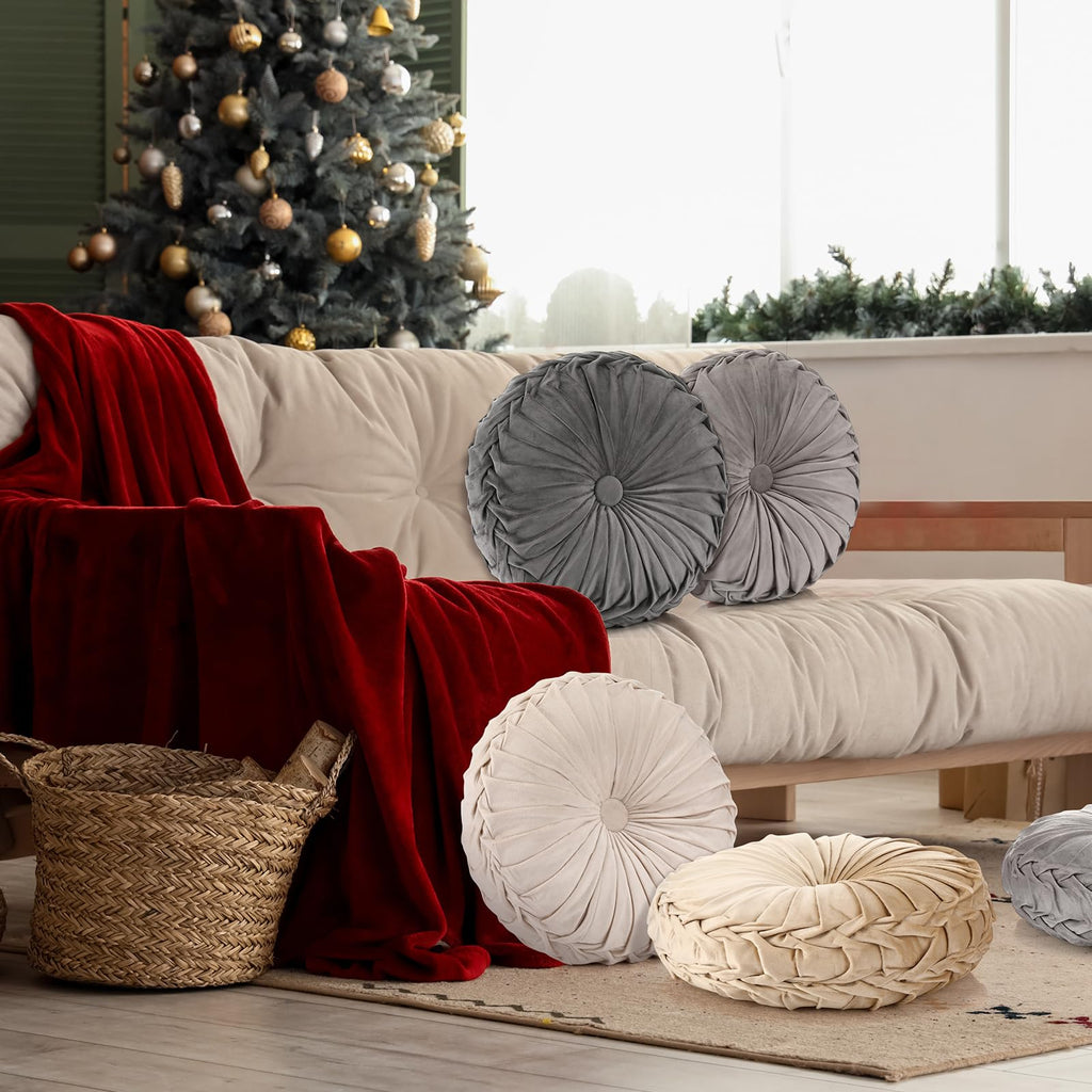 Kathfly 4 Pcs Decorative Round Pleated Throw Pillows, Classy Velvet Pumpkin Round Throw Pillows, Decorative Floor Pillow for Bed Chair Home Sofa Decor, 14" Diameter (Beige,Khaki,Gray,Dark Gray)