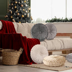 Kathfly 4 Pcs Decorative Round Pleated Throw Pillows, Classy Velvet Pumpkin Round Throw Pillows, Decorative Floor Pillow for Bed Chair Home Sofa Decor, 14" Diameter (Beige,Khaki,Gray,Dark Gray)