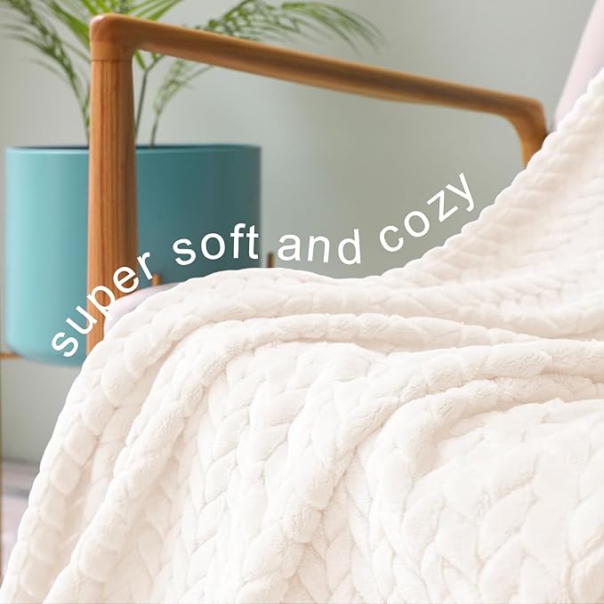Exclusivo Mezcla Fleece Queen Size Blanket for Bed, 90x90 Inches Soft Cozy Jacquard Flannel Blankets, Lightweight Fuzzy Plush Warm for Women, Off White
