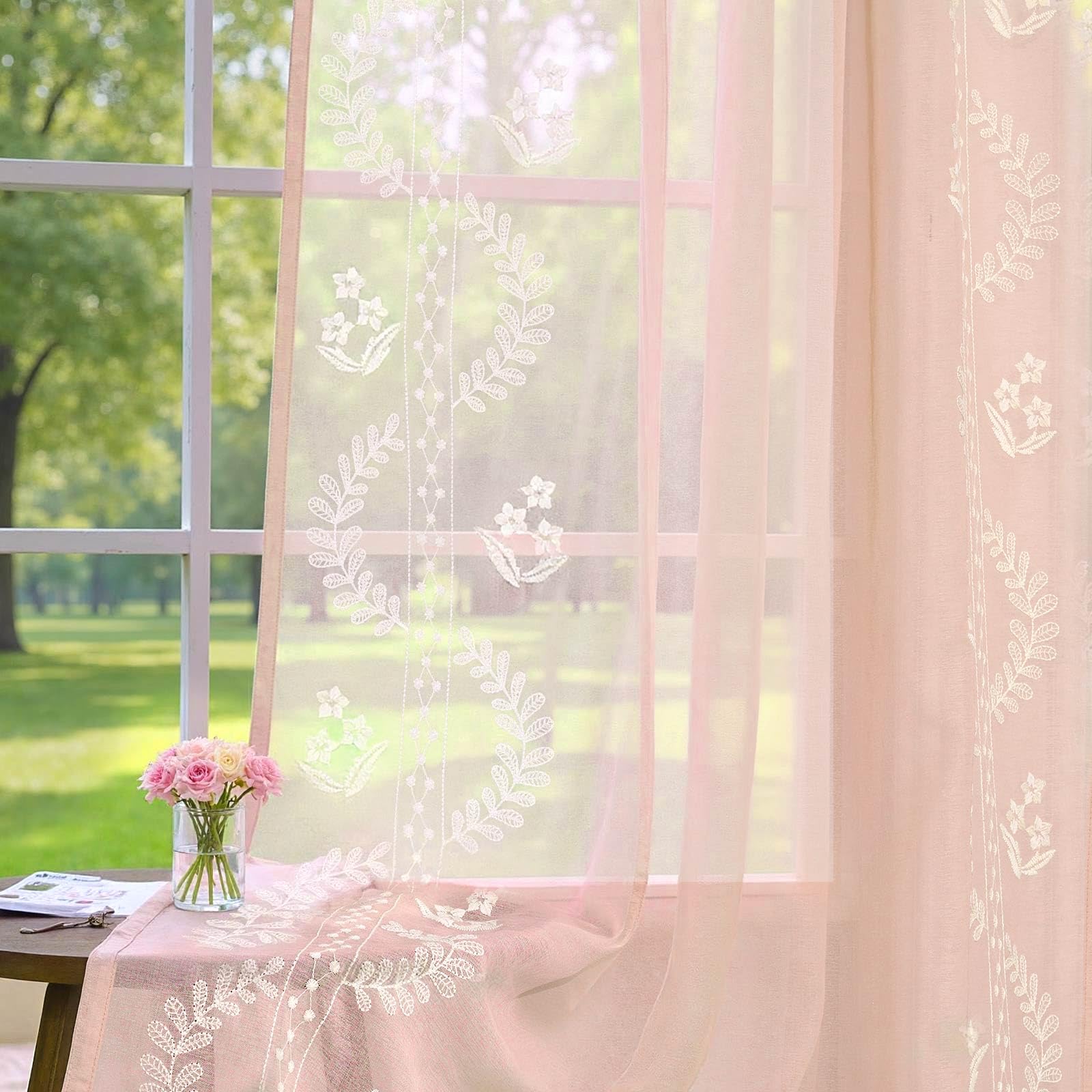 jinchan Floral Linen Curtains 84 Inch Farmhouse Back Tab 2 Panels
