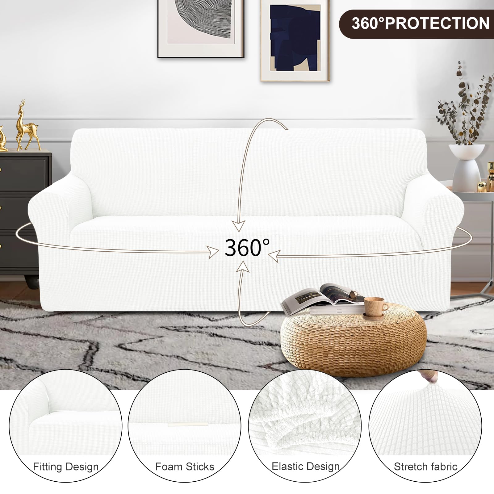 U-NICE HOME Stretch Couch Cover Slipcover for 3 Cushion Sofa, Ivory White