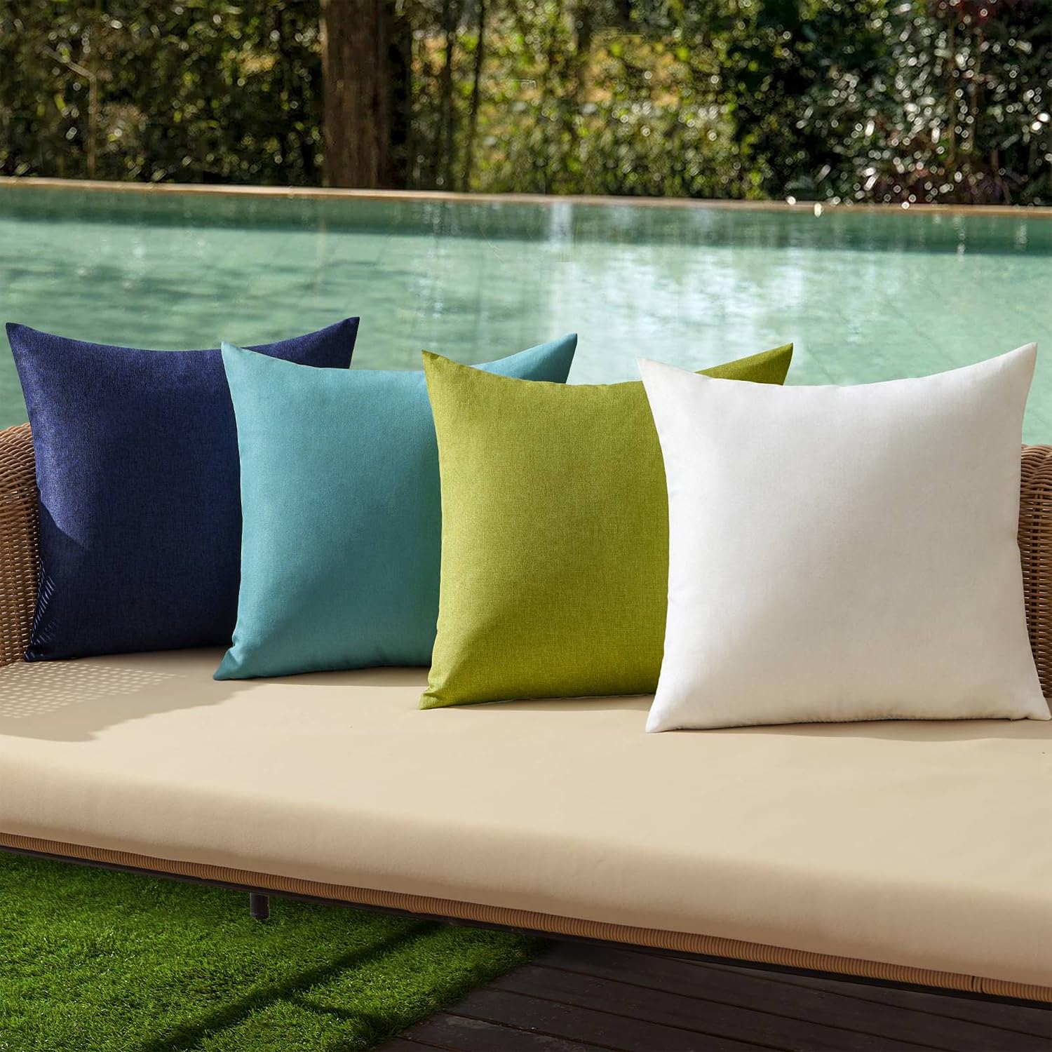 MIULEE Pack of 4 Decorative Outdoor Throw Pillow Covers Linen Waterproof Pillow Covers Summer Farmhouse Cushion Cases for Patio Garden Tent Balcony Couch Sofa 18x18 Inch Blue Green