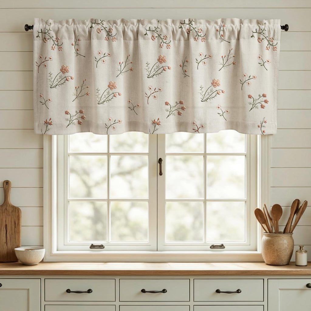 XOGUIBO Kitchen Valances for Windows, Floral Embroidered 52x18 Inch 1 Panel