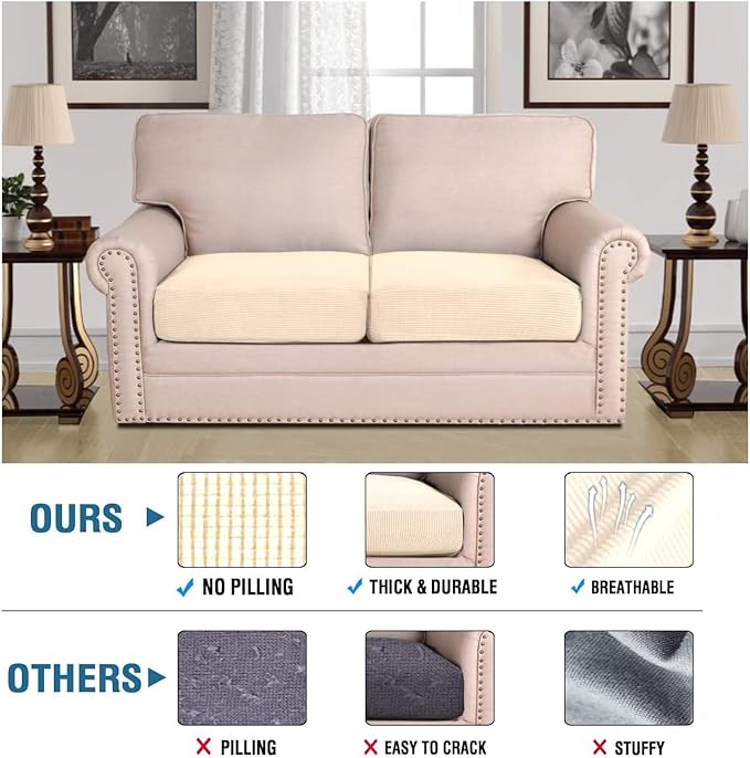 H.VERSAILTEX Super Stretch Individual Seat Cushion Covers Sofa Covers Couch Covers Slipcover Sets Thick Jacquard Textured Twill Fabric (2 Piece Large Sofa Cushion Covers, Cream)