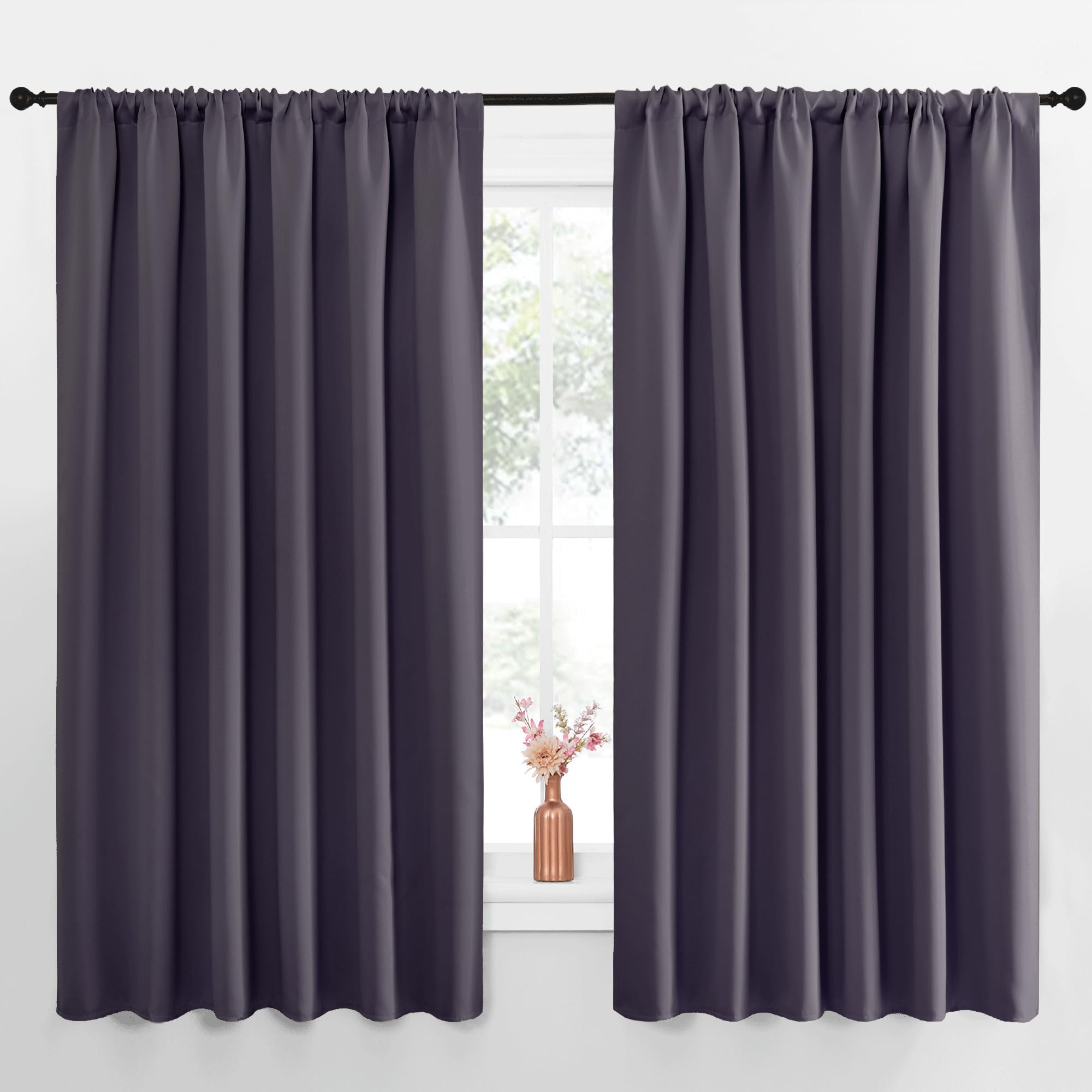 NICETOWN Blackout Curtains for Bedroom, Blackout Curtain Panels, Greyish Purple, 1 Pair, 70 by 63-inch, Window Treatment Energy Saving Thermal Insulated Solid Rod Pocket Blackout Drapes/Draperies