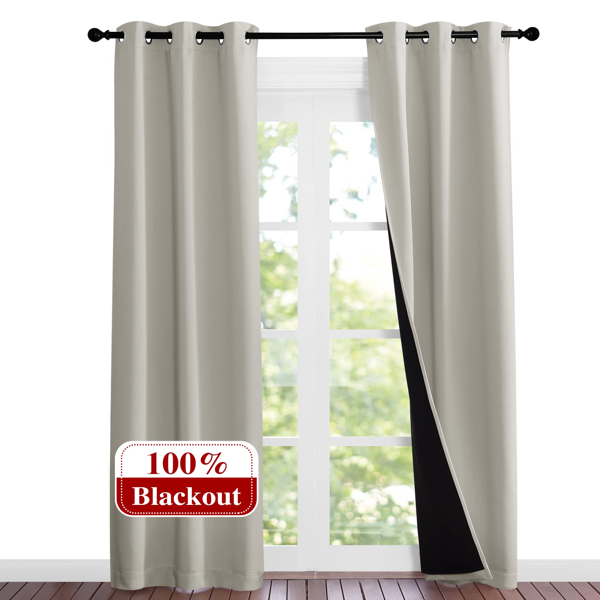 NICETOWN Natural Blackout Curtains 80 inches Long, 2 Pieces, 37" Wide Each Panel, Full Light Blocking Drapes with Black Liner for Nursery, Noise Reducing Thermal Insulated Draperies for Doorway