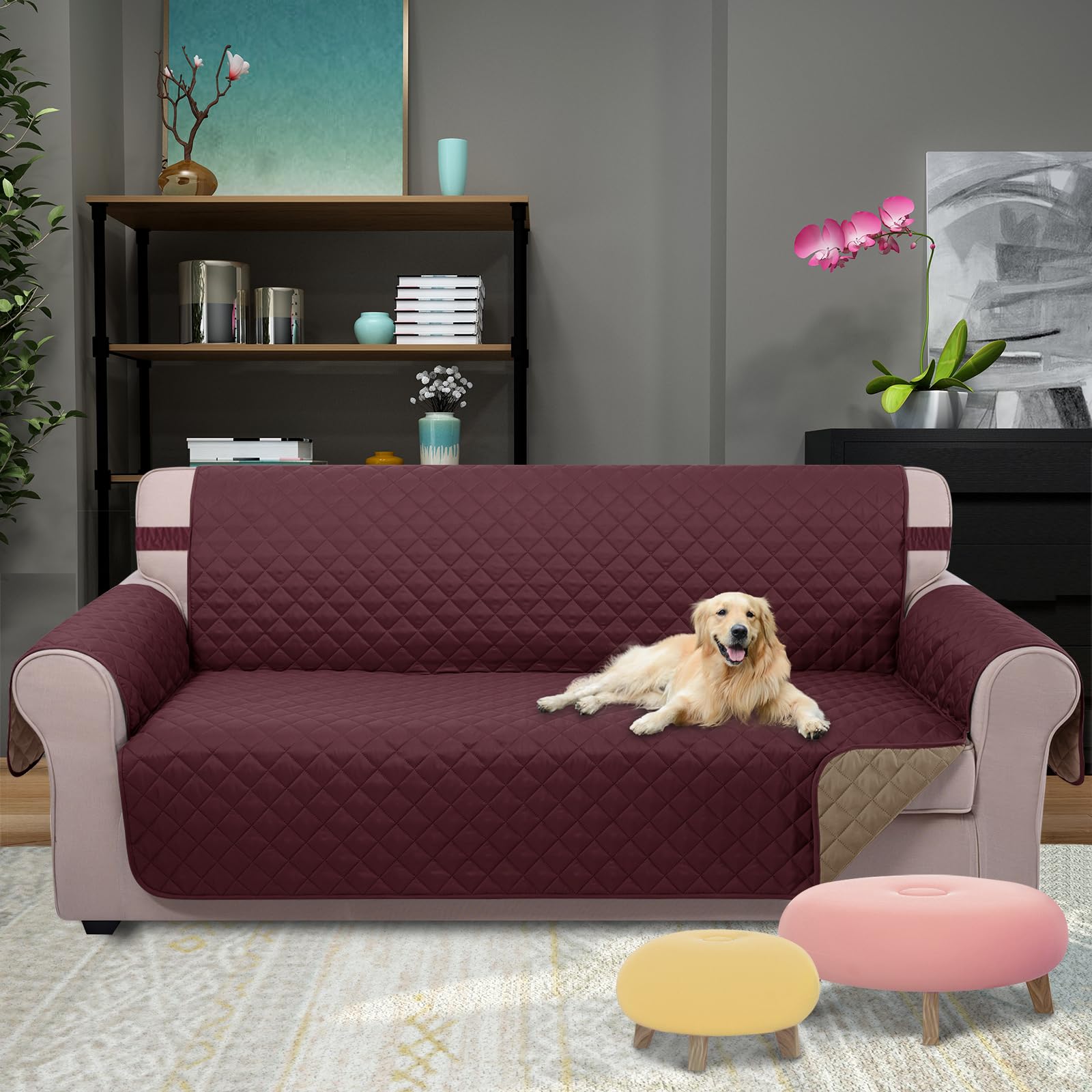 U-NICE HOME Reversible Sofa Cover Couch Cover for Dogs, Burgundy/Tan