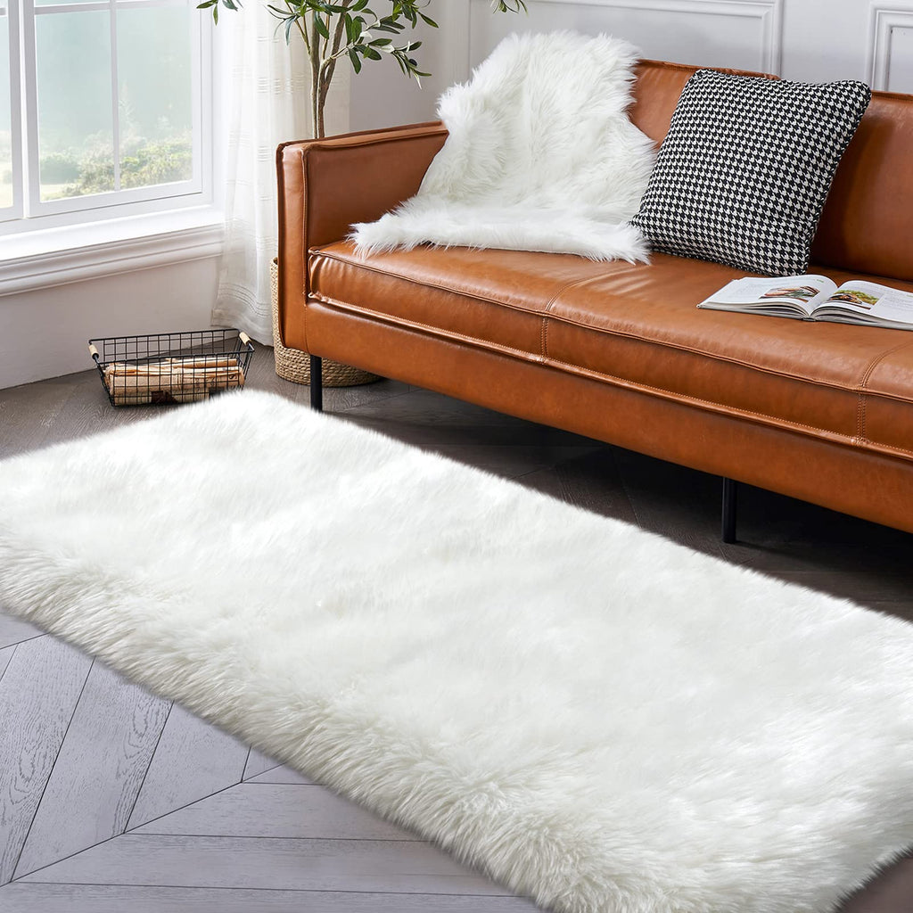 Tangsoo 2x6 White Fluffy Faux Fur Runner Rug,Soft Sofa Couch Cover Cushion