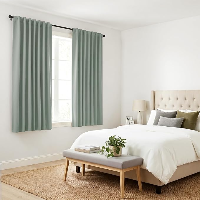 PONY DANCE Sage Green Blackout Curtains, Solid Back Tab Thermal Insulated Light Blocking Drapes for Kitchen/Bathroom Window, Short Small Drapes for RV Camper, 42 W x 45 L, 2 Panels