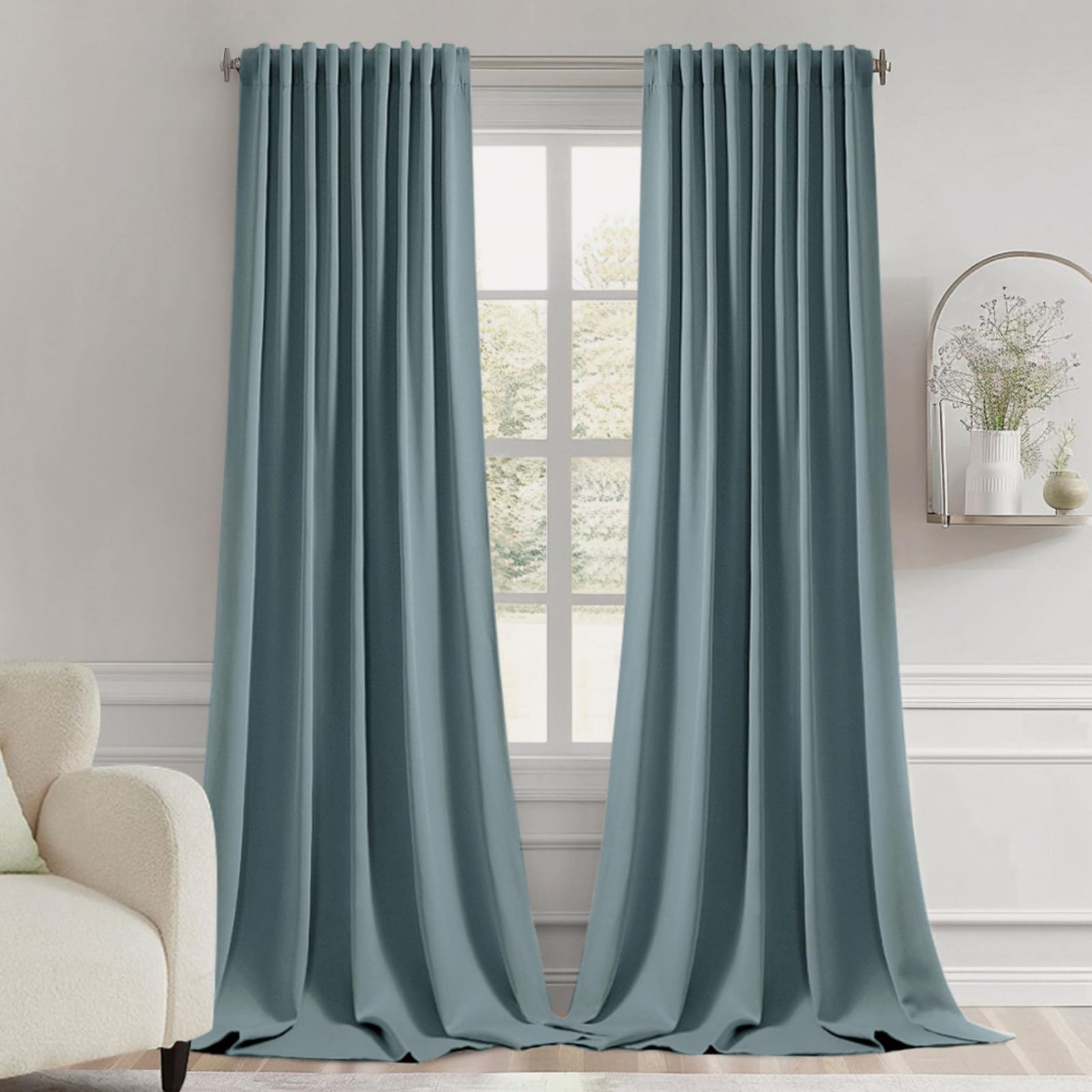 MIULEE Greyish Blue Back Tab Blackout Curtains 52x102 Inch Long 2 Panel Set