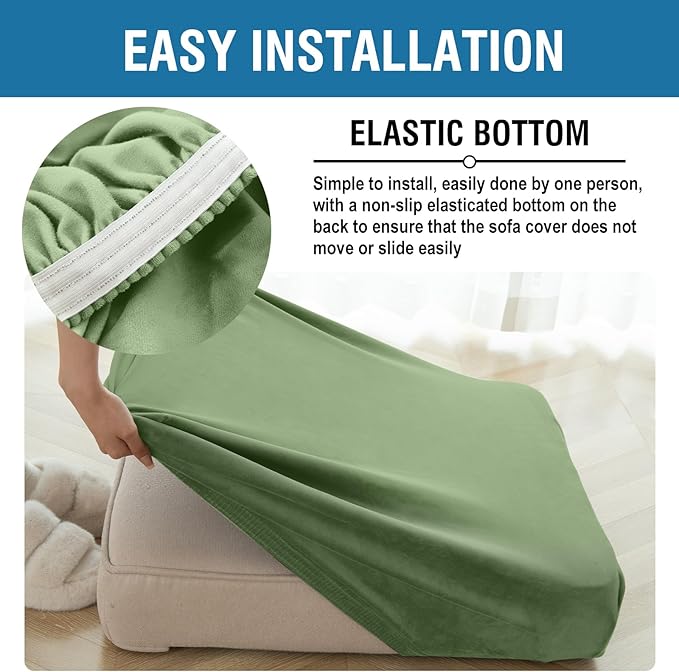 Couch Cover 8-Piece Elastic Velvet Couch Cushion Covers & Chaise Slipcovers for L-Shaped Sofas, Sofa Seat Covers Washable, Soft Cover for Couches (7 Seater + Chaise, Avocado Green)