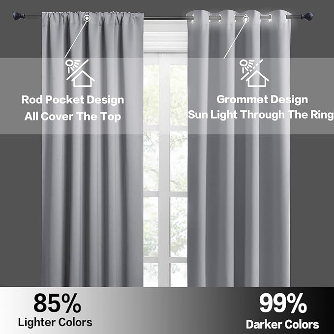 RYB HOME Blackout Curtains for Bedroom Living Room 63 inches Long, Thermal Insulated Privacy Rod Pocket Drapes for Nursery Office Home Theater, Width 42 by Length 63, Silver Grey, 2 Panels