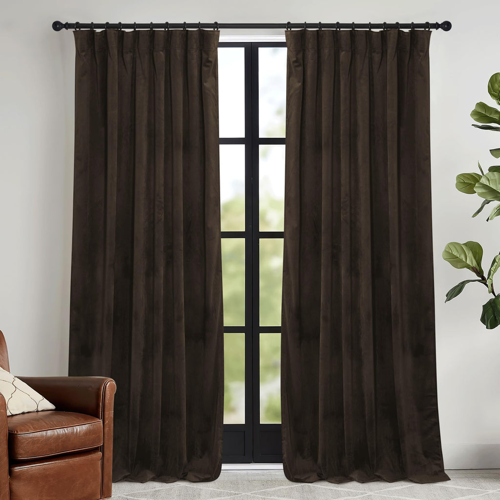 RYB HOME Brown Velvet Curtains 72 inches with Hook Belt, Back Tab