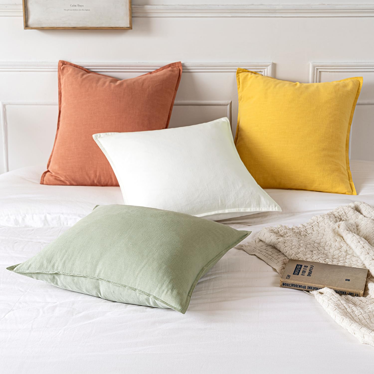 MIULEE Decorative Linen Euro Sham Pillow Covers 24x24 Light Green