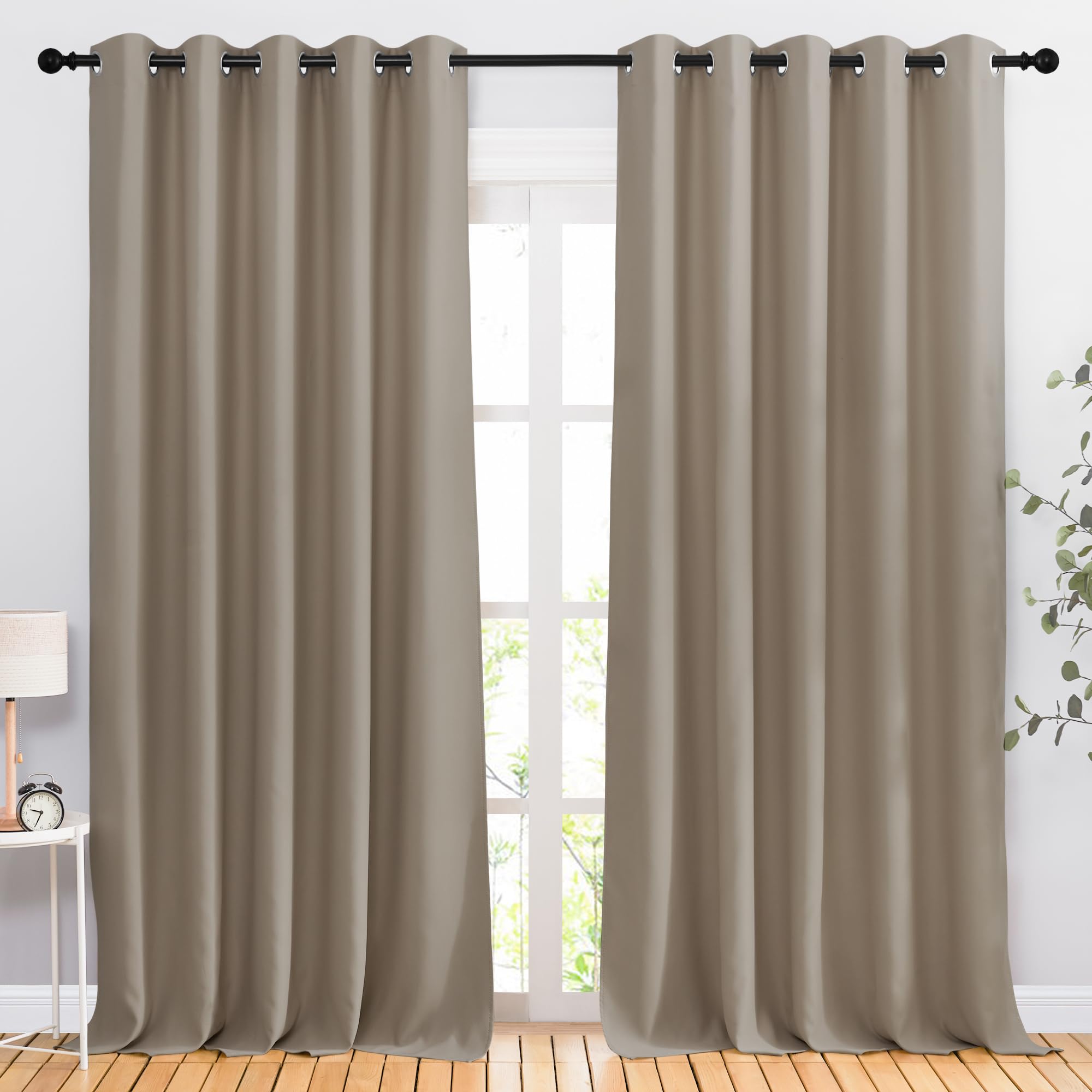NICETOWN Blackout Taupe Curtains & Drapes 90 inches Long for Bedroom - Noise Reducing Thermal Insulated Grommet Room Darkening Window Treatments for Sliding Glass Door (2 Panels, 66 x 90 Inch)