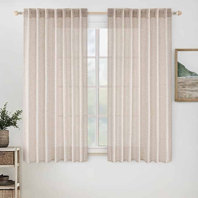 MIULEE Natural White Linen Curtains 40 Inch Long for Bedroom Living Room, Soft Thick Linen Textured Window Drapes Semi Sheer Light Filtering Rod Pocket Back Tab Neutral Farmhouse Cream Ivory 2 Panels