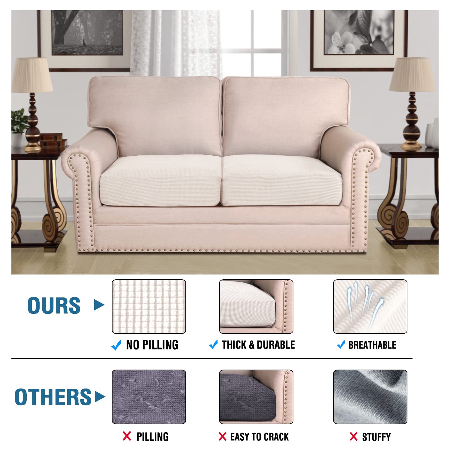 H.VERSAILTEX High Stretch Couch Cushion Covers,Chair Sofa Seat Slipcovers Couch Cushion Cover Stretch Furniture Protector for Kids, Pets(2 Packs Cushion Loveseat Covers, Ivory)