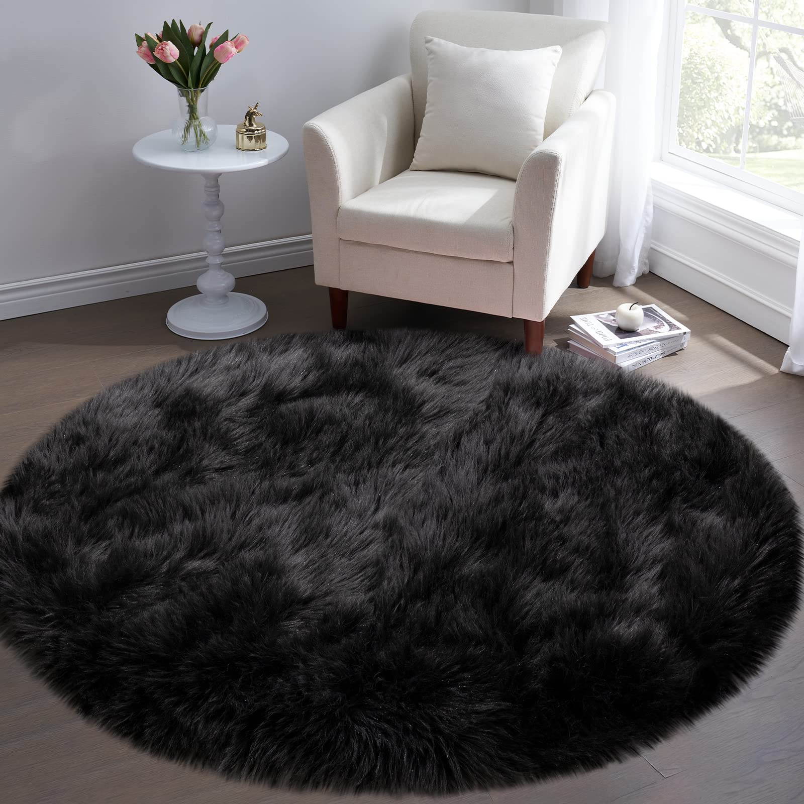 Tangsoo Round Faux Fur Rugs,Sheepskin Round Rugs 3ft,Soft Black Circle Rug