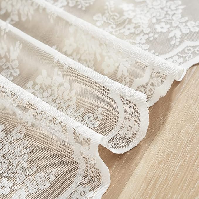 YJ YANJUN Vintage Lace Curtains 36 Inch Length-Victorian Floral Pattern Ivory Country Cafe Sheer Curtains for Kitchen & Bathroom, Short Light Filtering Drapes, 2 Panels 26W x 36L Cream