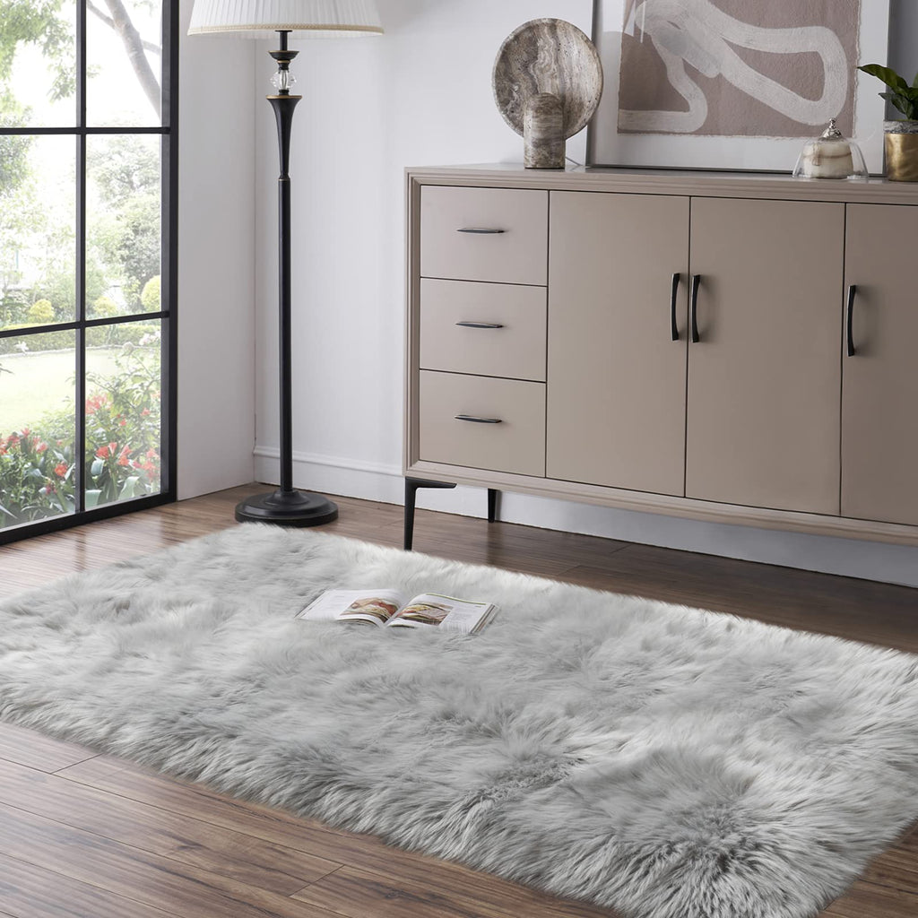 Tangsoo 2x6 Grey Fluffy Faux Fur Runner Rug,Soft Sofa Couch Cover Cushion