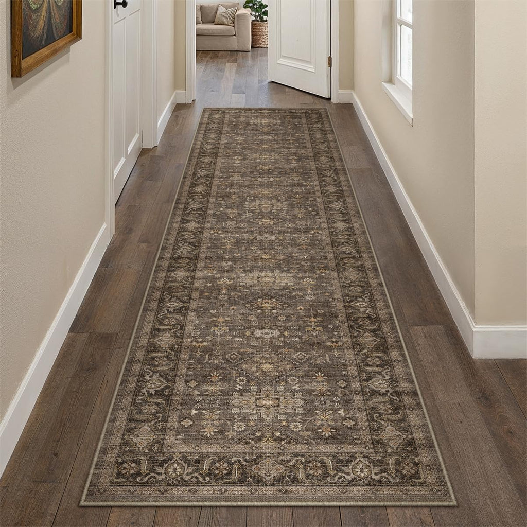 WondRg 2'6x12 Dark Brown Vintage Runner Rug