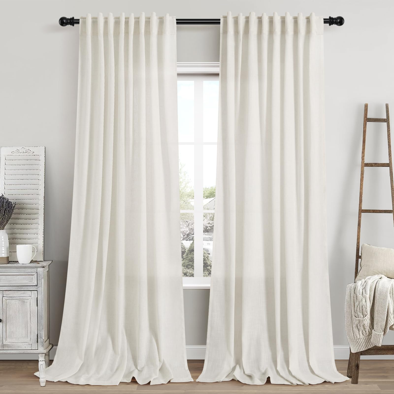 Cream Linen 102 Inch Long Curtains for Living Room 2 Panels Back Tab Rod Pocket Cream Semi Sheer Extra Long Curtains Linen Soft Material Light Filtering Window Panel Drapes for Dining Room 60x102