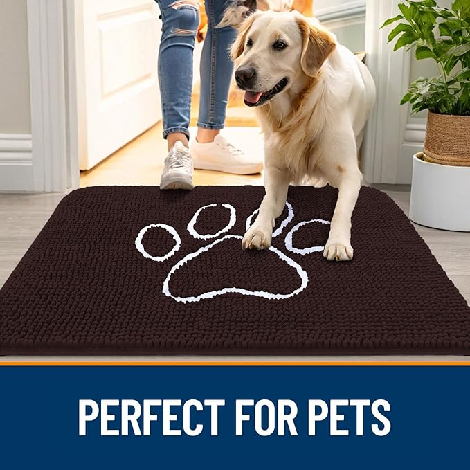 OLANLY Dog Door Mat for Muddy Paws 54x32, Paw Print Design Chenille Mud Mat