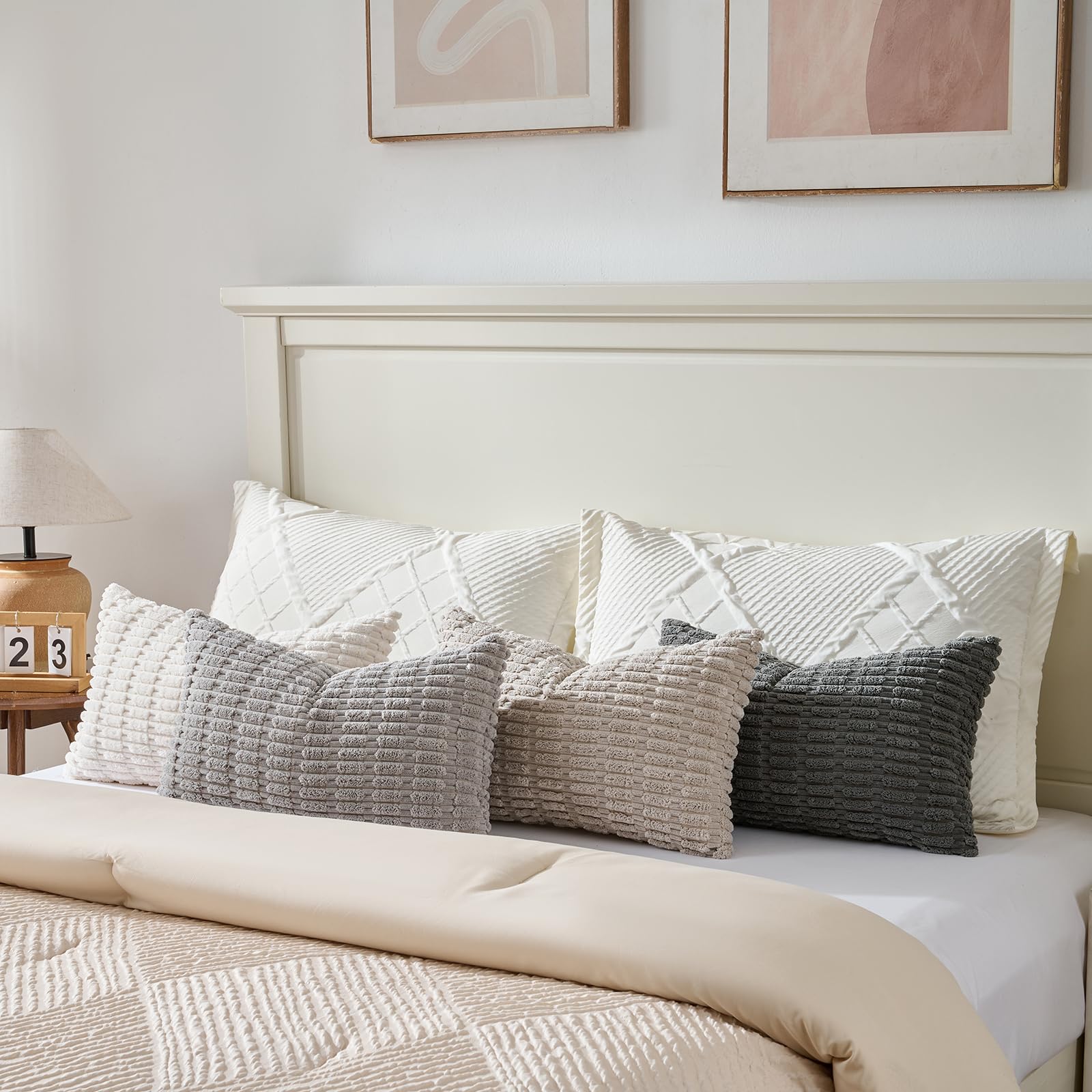 Fancy Homi 4 Packs Decorative Throw Pillow Covers for Living Room Couch Bed, Modern Farmhouse Boho Home Décor Accent Cushion Case, 20" x 12", Grey Series