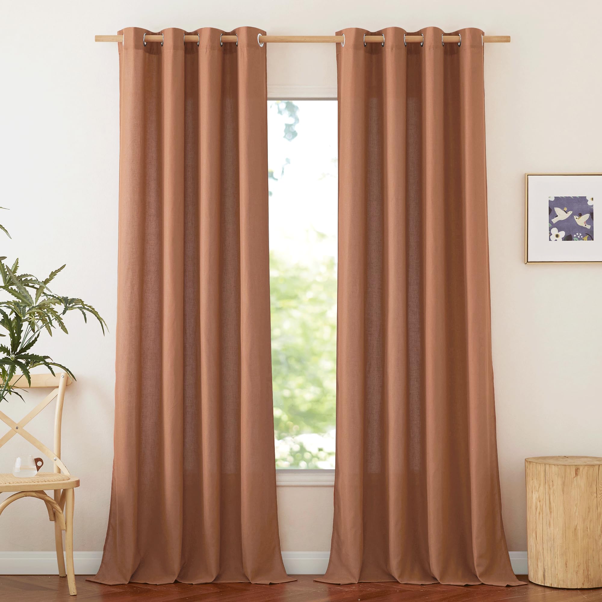 NICETOWN Caramel Linen Curtains for Kitchen, Thick Flax Small Window Treatments Semi Sheer Privacy Assured with Light Through for Cafe/Bathroom, W55 x L132, 2 Panels