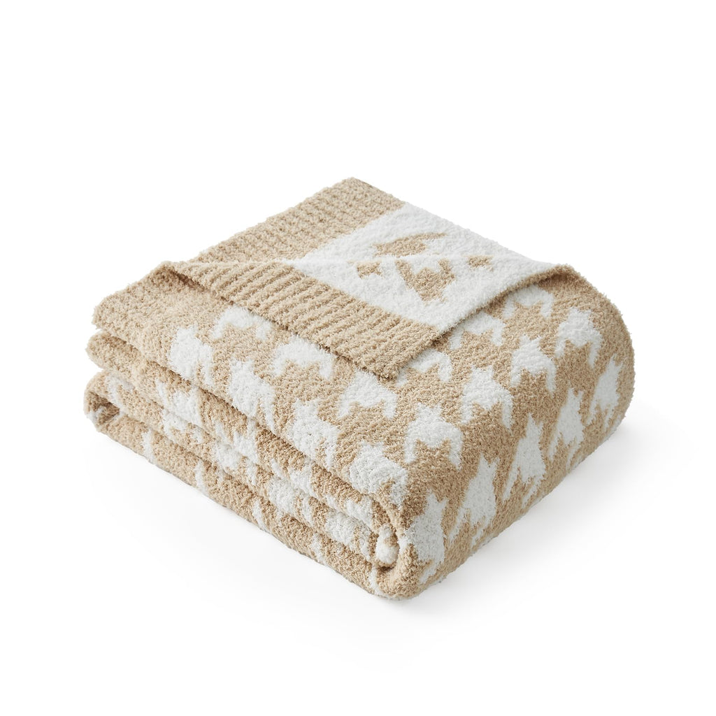 Snuggle Sac Throw Blanket for Couch, Reversible Super Soft Warm Blankets Cozy Knit Fuzzy Plush Lightweight Throws for Sofa, Bed, Camping,Houndstooth Beige,50x60 inches