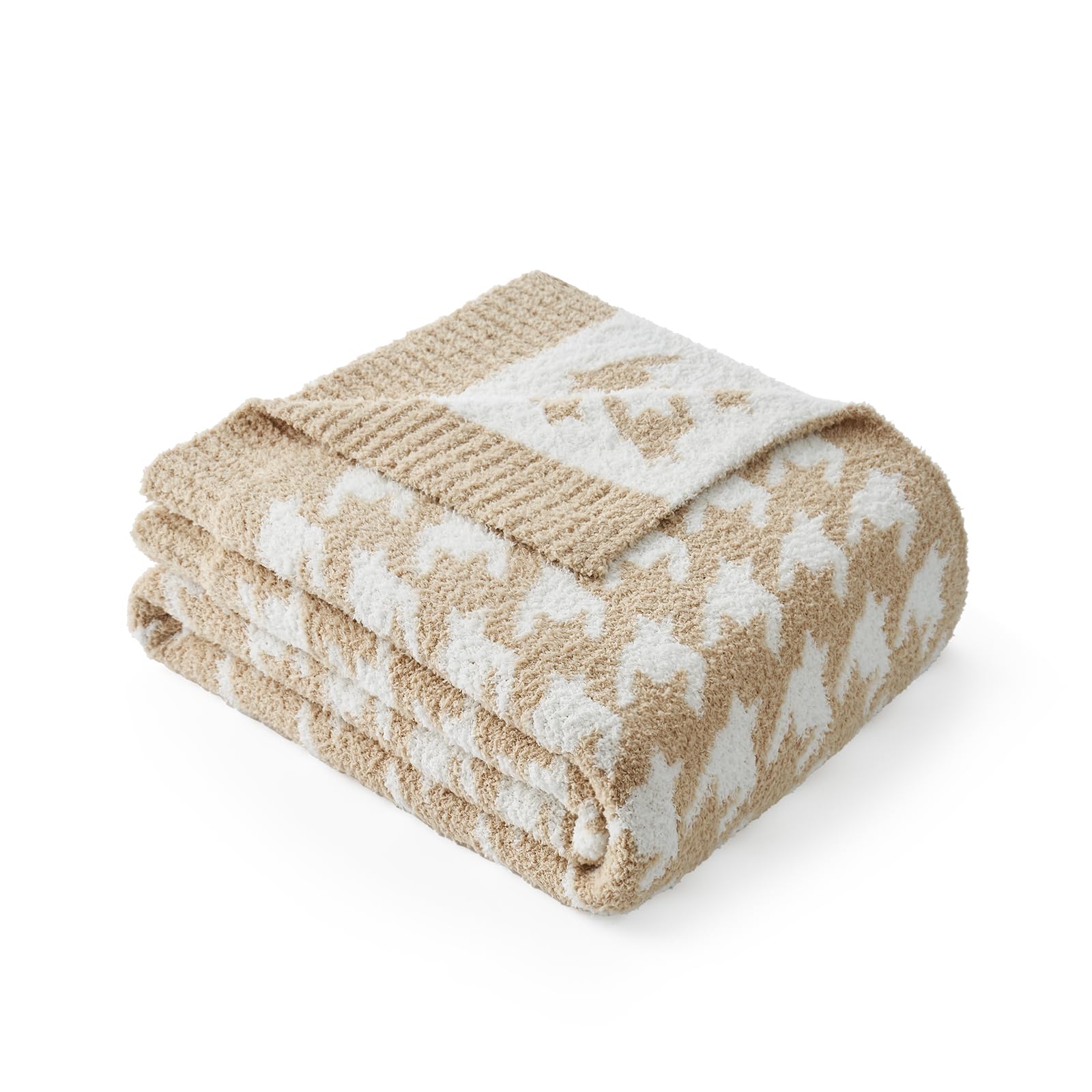 Snuggle Sac Throw Blanket for Couch, Reversible Super Soft Warm Blankets Cozy Knit Fuzzy Plush Lightweight Throws for Sofa, Bed, Camping,Houndstooth Beige,50x60 inches