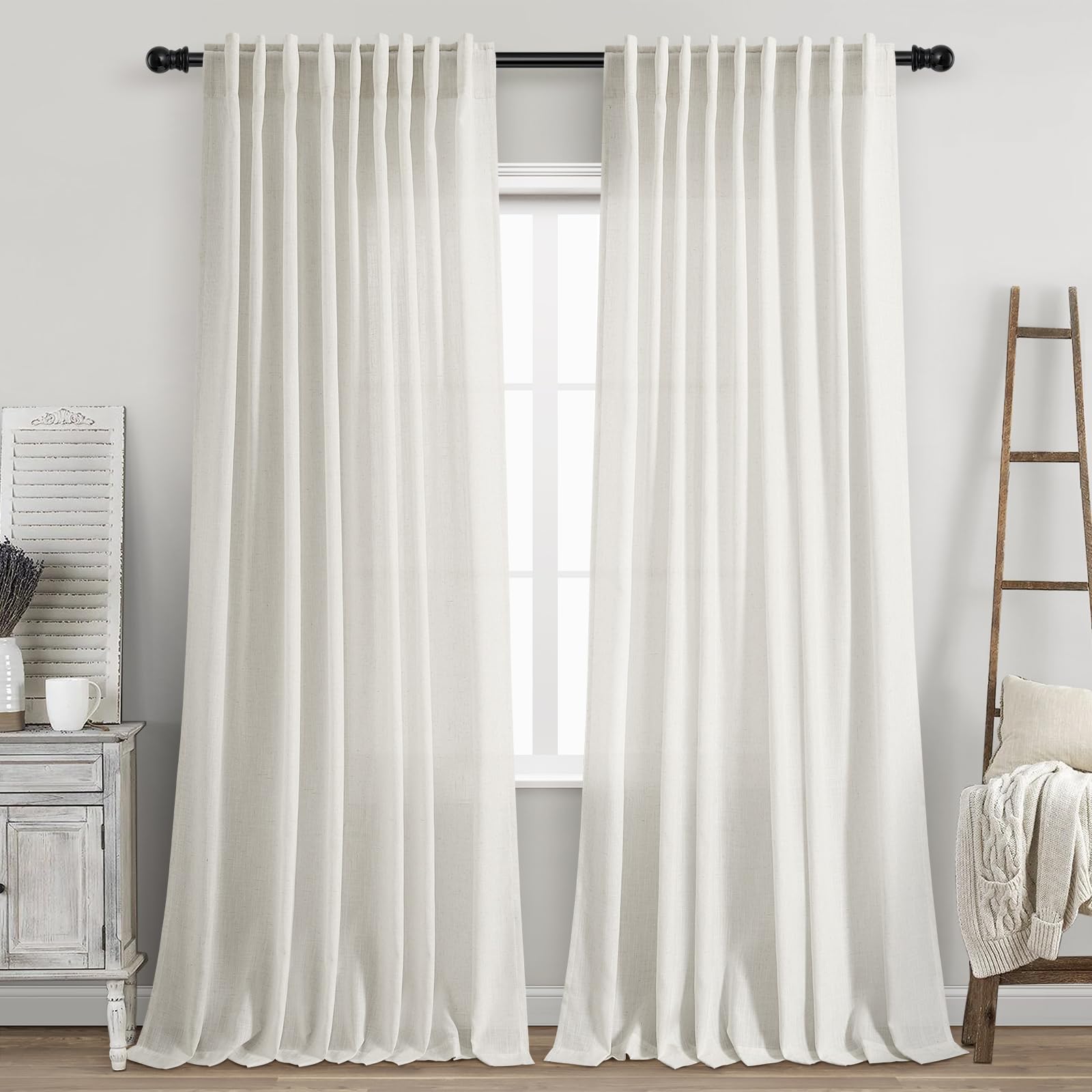 Linen Curtains 84 inches Long for Bedroom Back Tab Light Filtering Privacy Sheer Cream Curtains Modern Farmhouse Coastal Decor Cream Cotton Textured Gauze Curtain 2 Panel Set 70x84
