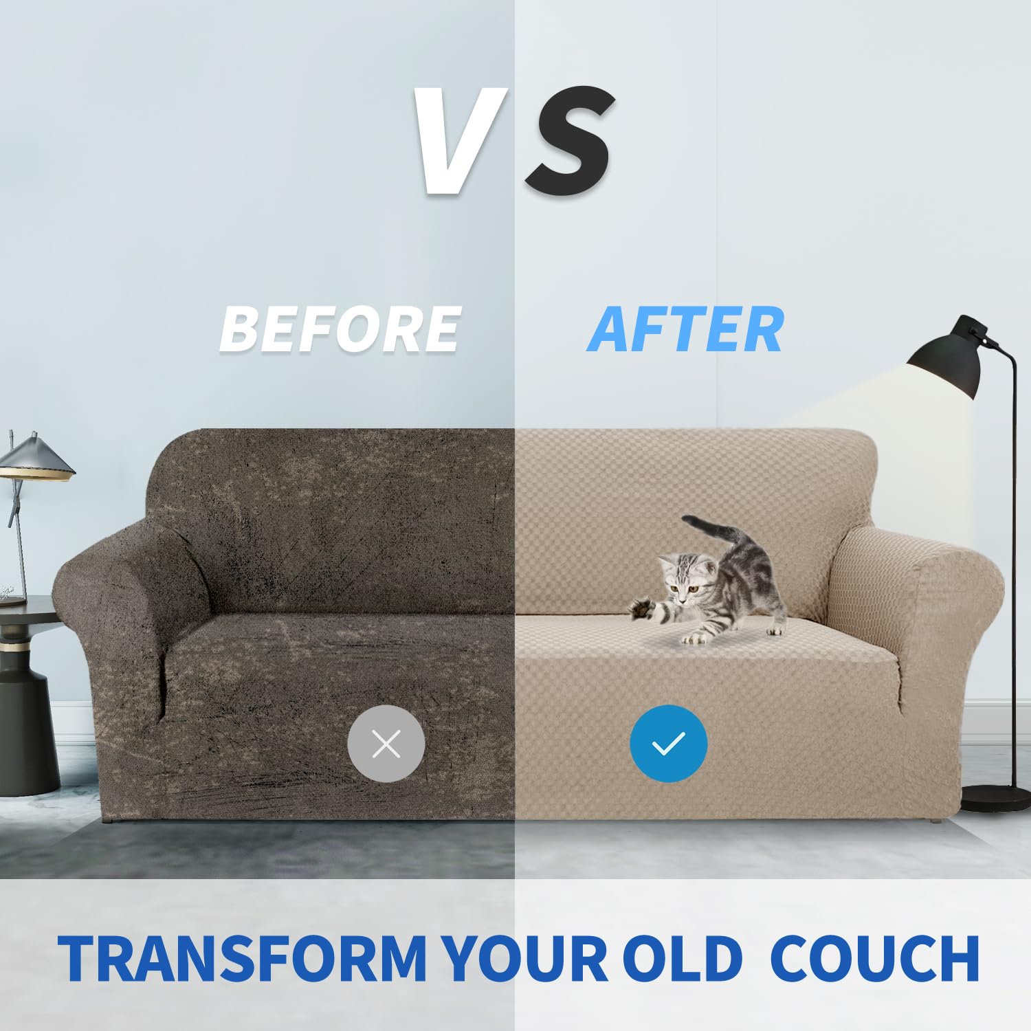 ZNSAYOTX 1 Piece Jacquard Couch Covers for 2 Cushion Couch High Stretch Loveseat Slipcover for Pets Dogs Anti Slip Love Seat Sofa Slipcover Furniture Protector (Loveseat, Khaki)