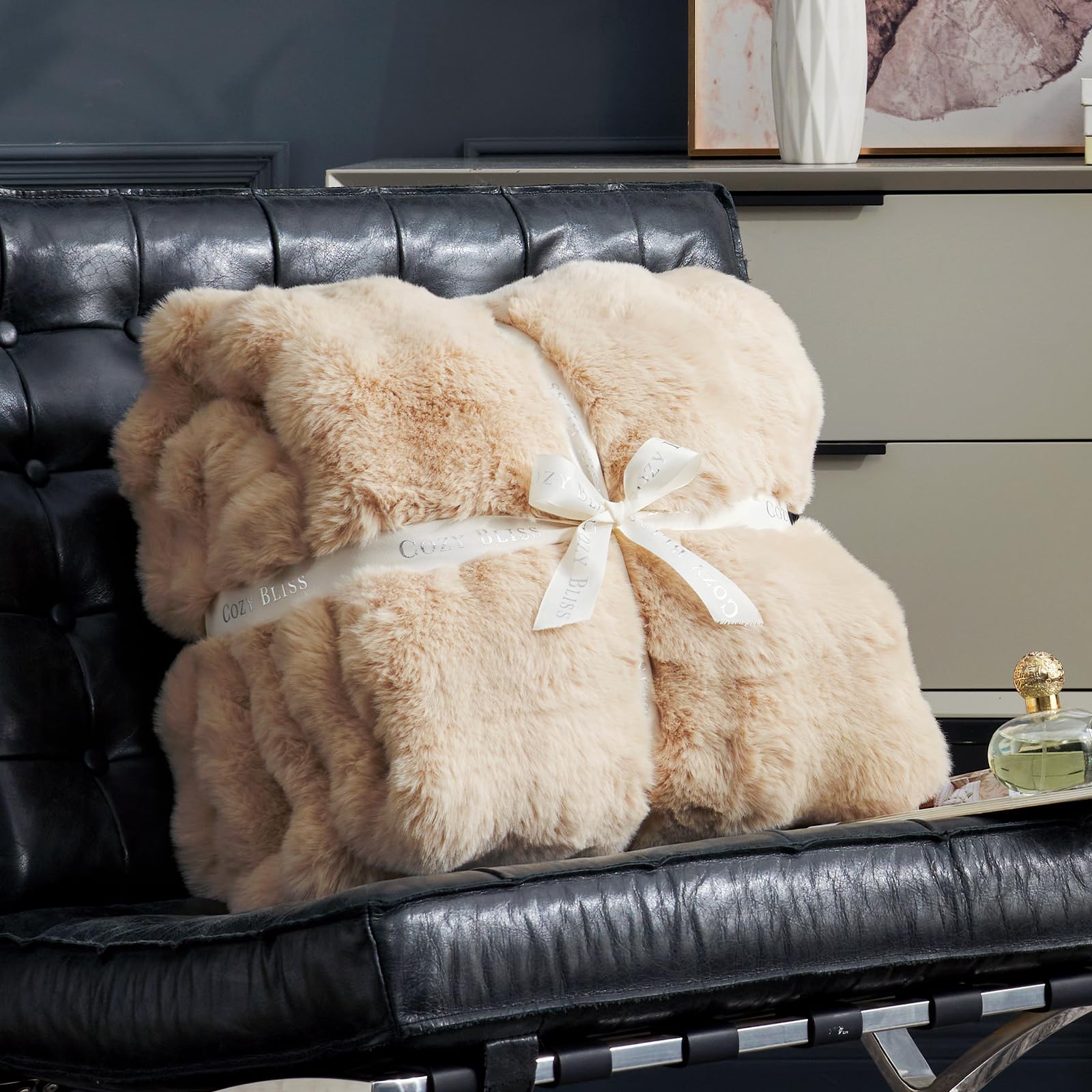Cozy Bliss Faux Fur Throw Blanket for Couch, Fuzzy Soft Plush Thick Bubble Blanket for Sofa Bedroom Living Room, 50 * 60 Inches Beige