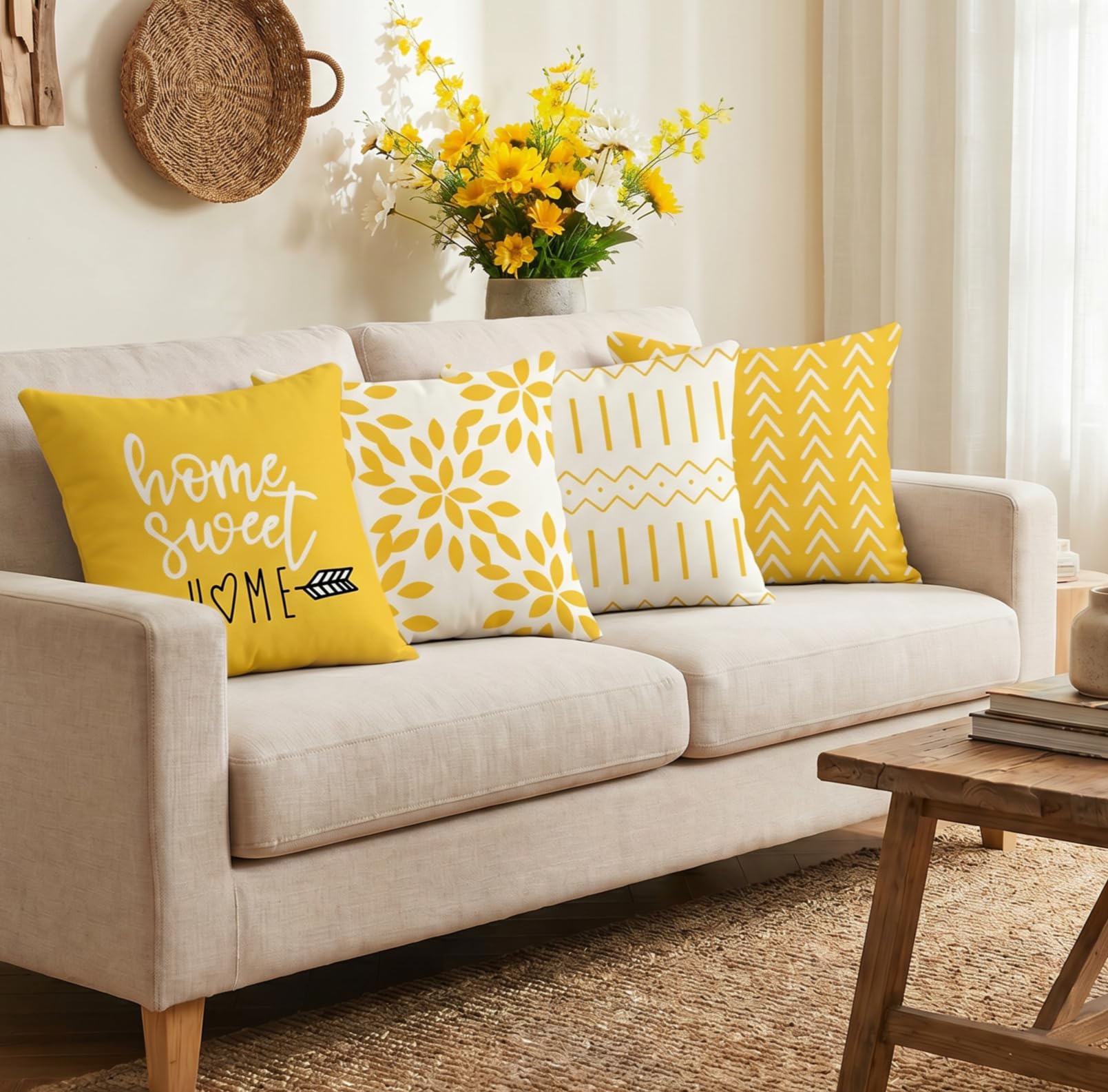 YCOLL Pillow Covers 22x22 Set of 4, Modern Sofa Throw Pillow Cover, Decorative Outdoor Linen Fabric Pillow Case for Couch Bed Car, Yellow