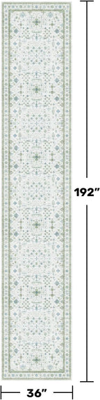 Hazo Haus Oushak 3x16 Wide Hallway Runner Rug - Vintage Turkish Floral, Washable Low Pile Non Slip 16ft Extra Long Runners for Large Kitchen, Hall Way - Light Blue and Green Décor