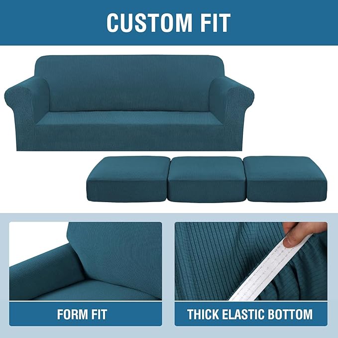 H.VERSAILTEX 4 Piece Stretch Sofa Covers for 3 Cushion Couch Covers for Living Room Furniture Slipcovers (Base Cover Plus 3 Seat Cushion Covers) Upgraded Thicker Jacquard Fabric (Sofa, Deep Teal)