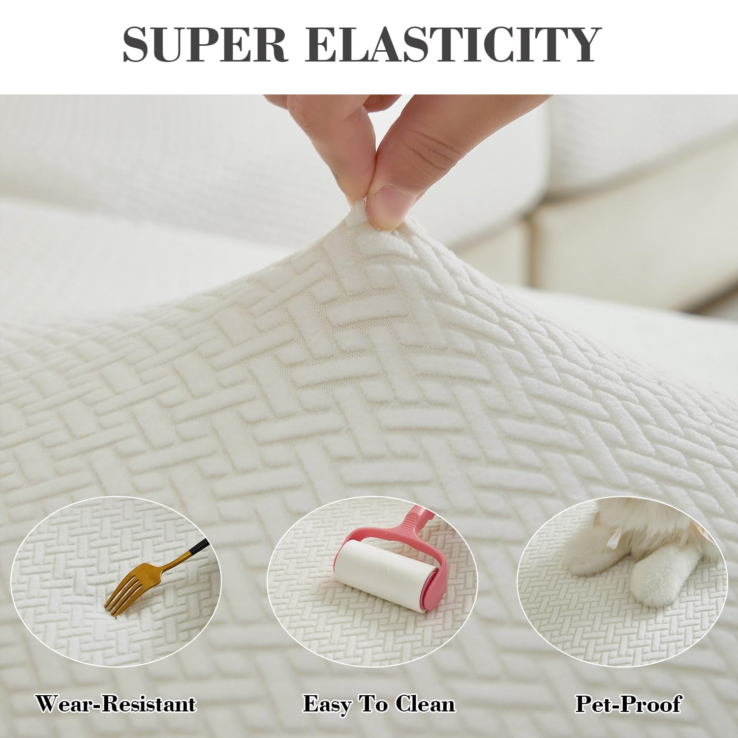 Disayu Couch Covers for 3 Cushion Sofa Pet Friendly Couch Cushion Covers Universal Sofa Covers Washable Stretch Slipcovers for Sectional Sofa (Texture Ivory White,Large Triple Seat Cover)