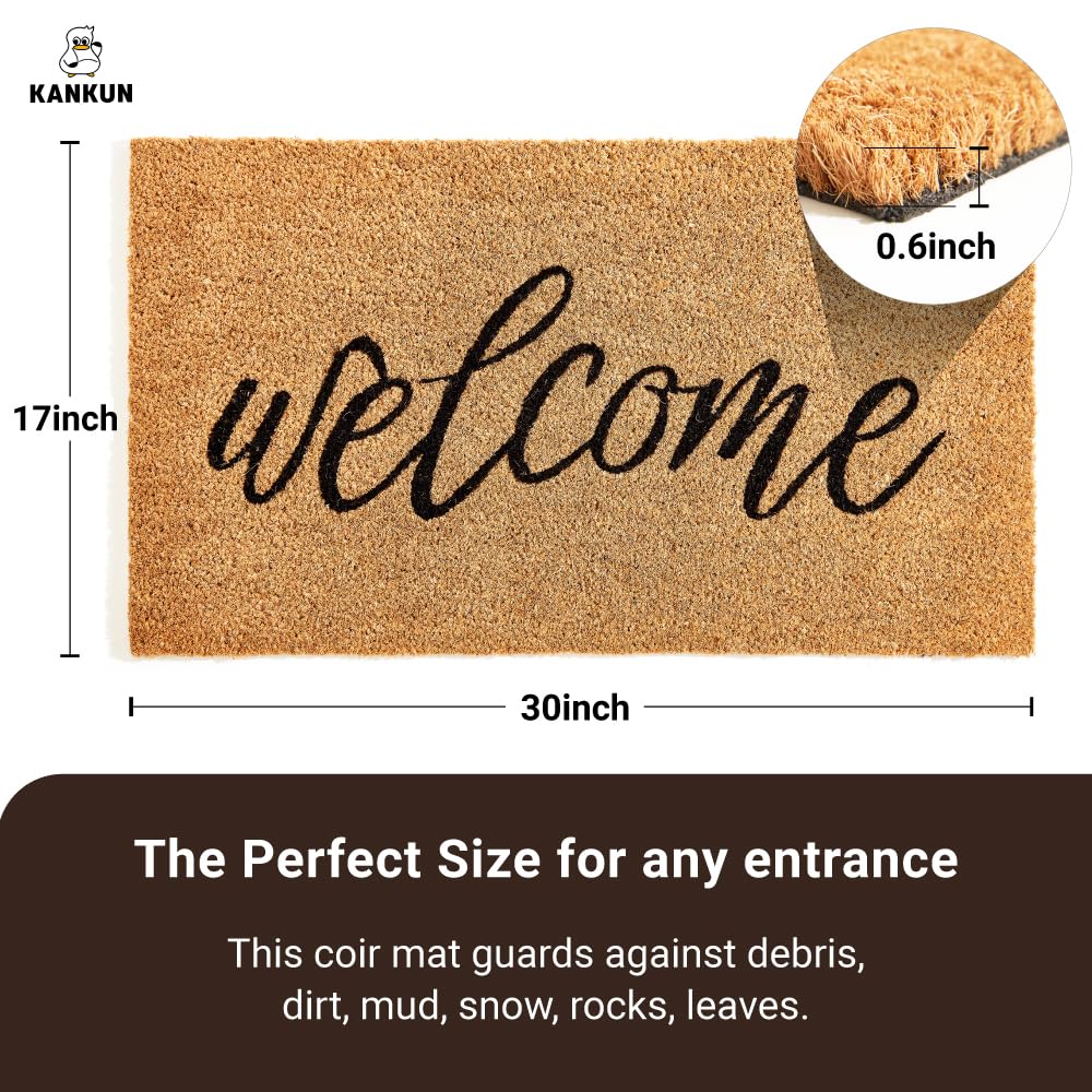 KANKUN Coco Coir Door Mat with Heavy Duty Backing, Welcome Doormat (17" x 30"), Doormat Entrance (Welcome3)