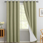Yakamok Sage Green Linen Curtains 100% Blackout 96 Inches Long,Room Darkening Textured Curtains for Living Room Thermal Grommet Bedroom Curtain 2 Panels with Greyish White Liner