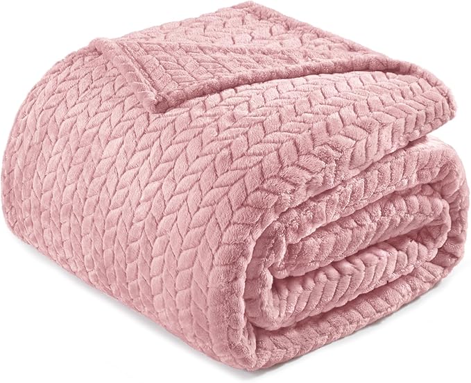 Exclusivo Mezcla Fleece Twin Size Blanket for Bed, 90x66 Inches Soft Cozy Jacquard Flannel Blankets, Lightweight Fuzzy Plush for Women, Pink
