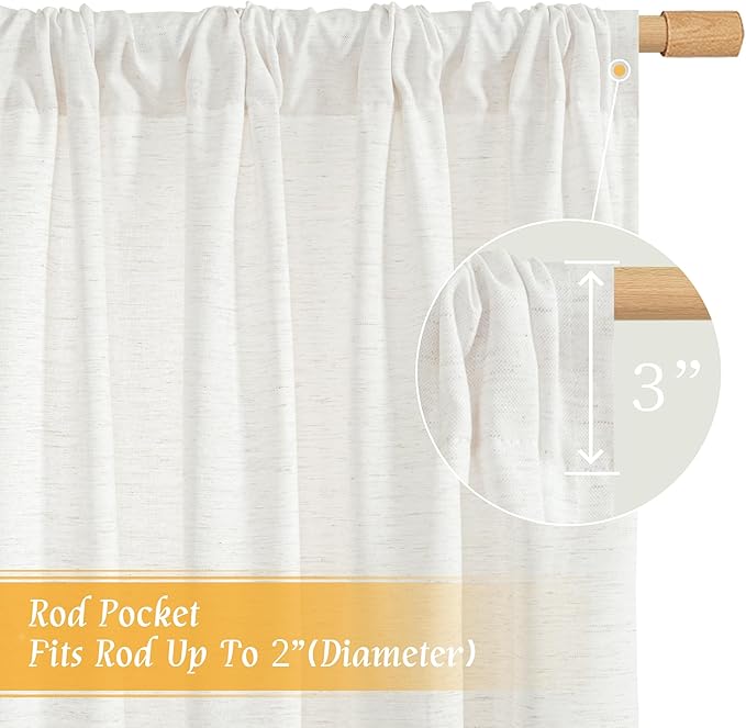 LAMIT Ivory White Linen Curtains 48 Inch Length for Bedroom, 2 Panels